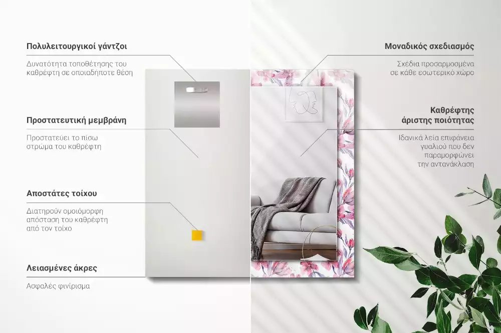 Lustro dekoracyjne prostokątne z motywem kwiatów w technice akwareli