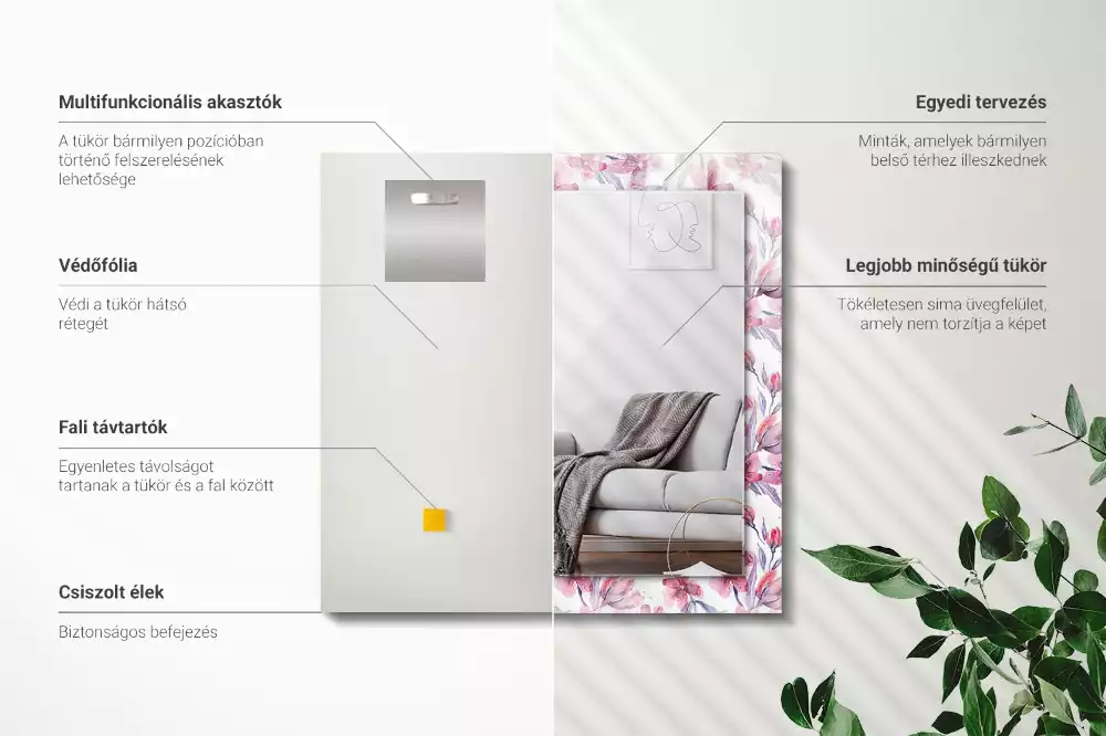 Lustro dekoracyjne prostokątne z motywem kwiatów w technice akwareli