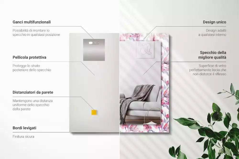 Lustro dekoracyjne prostokątne z motywem kwiatów w technice akwareli