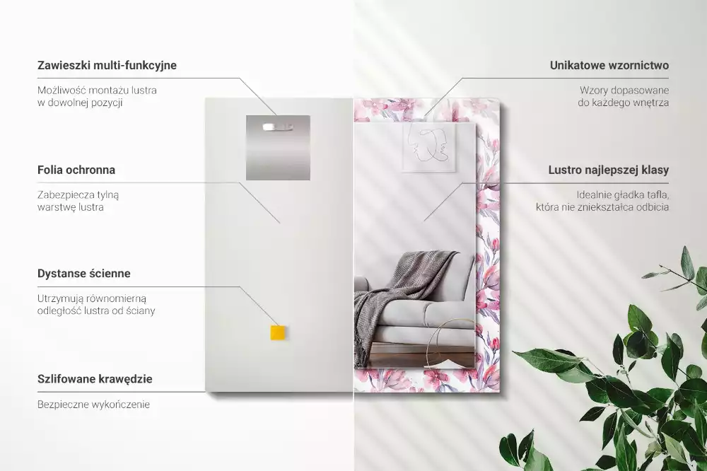 Lustro dekoracyjne prostokątne z motywem kwiatów w technice akwareli