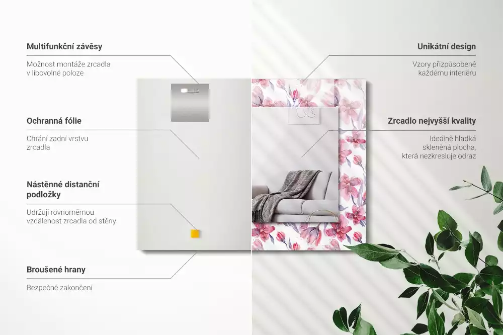 Lustro dekoracyjne prostokątne z motywem kwiatów w technice akwareli