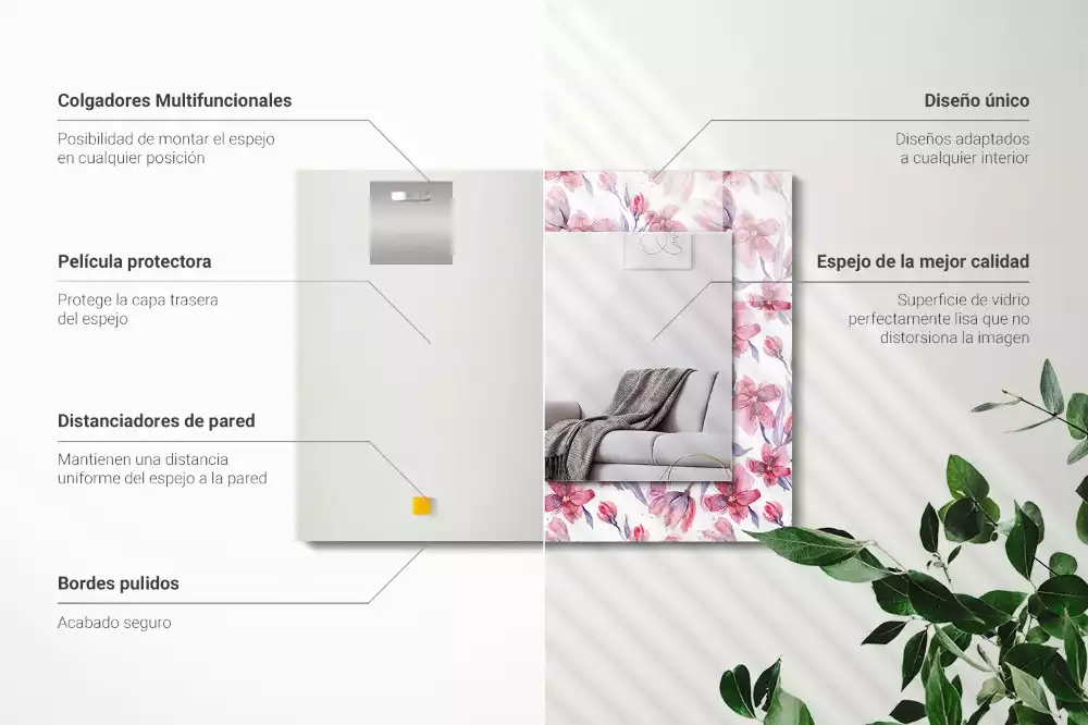 Lustro dekoracyjne prostokątne z motywem kwiatów w technice akwareli