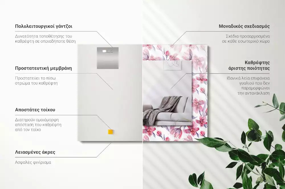 Lustro dekoracyjne prostokątne z motywem kwiatów w technice akwareli