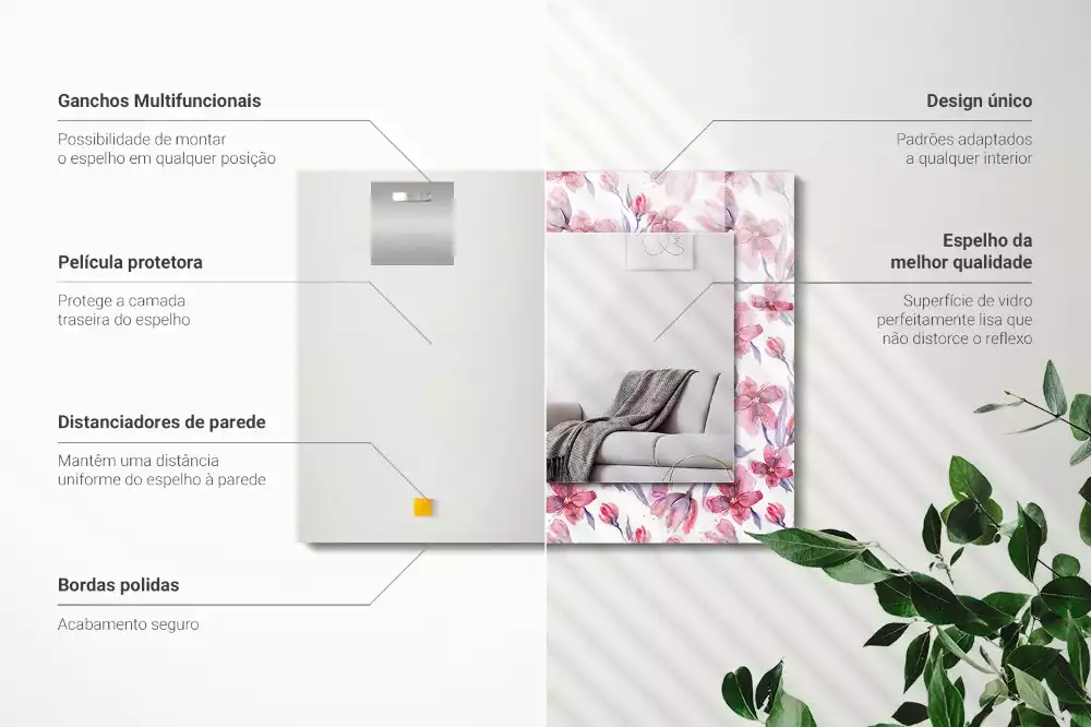 Lustro dekoracyjne prostokątne z motywem kwiatów w technice akwareli