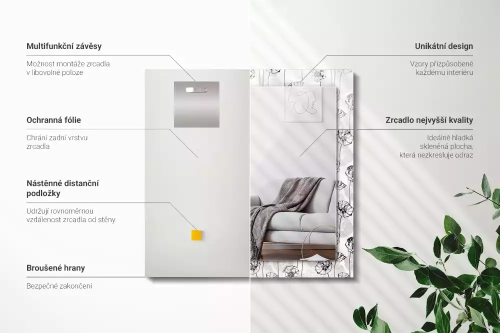 Lustro prostokątne z nadrukiem w monochromatyczny wzór kwiatowy