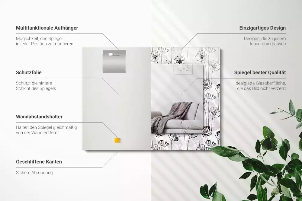 Lustro prostokątne z nadrukiem w monochromatyczny wzór kwiatowy