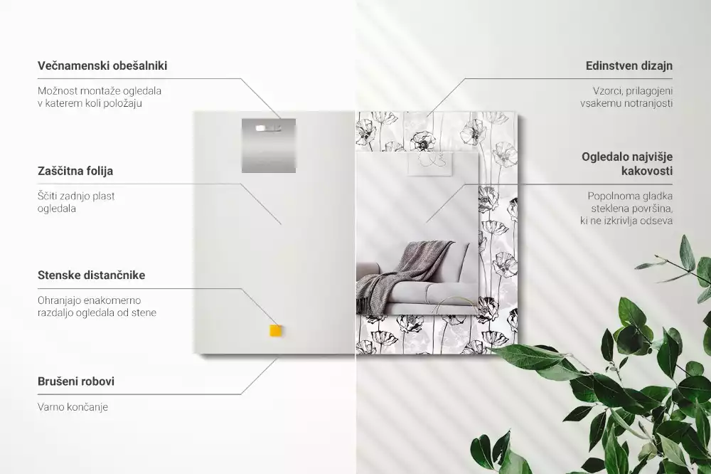 Lustro prostokątne z nadrukiem w monochromatyczny wzór kwiatowy