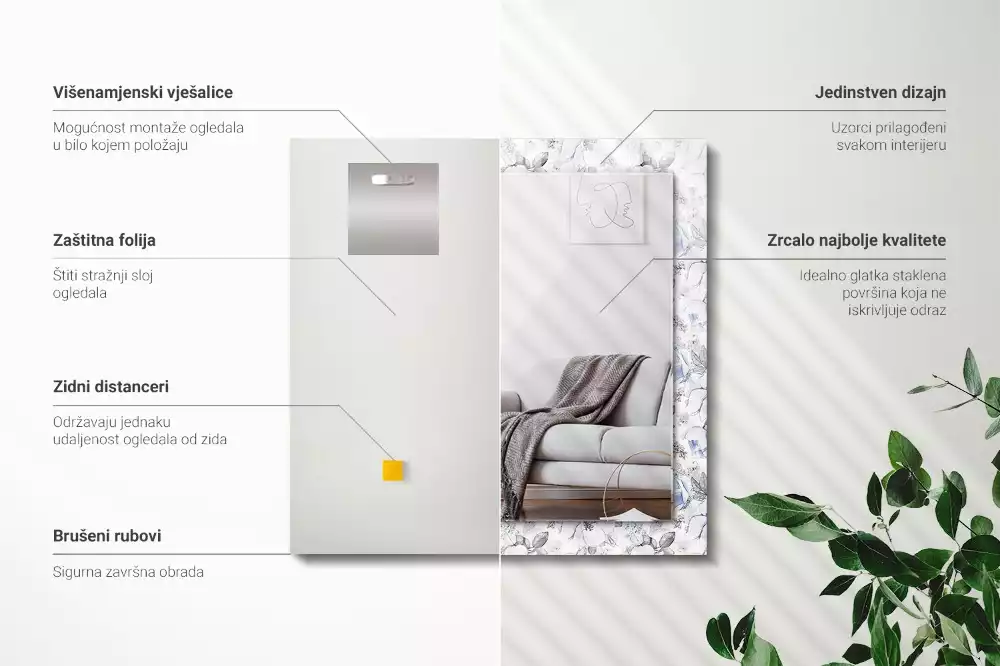 Lustro dekoracyjne prostokątne z motywem kwiatów i liści