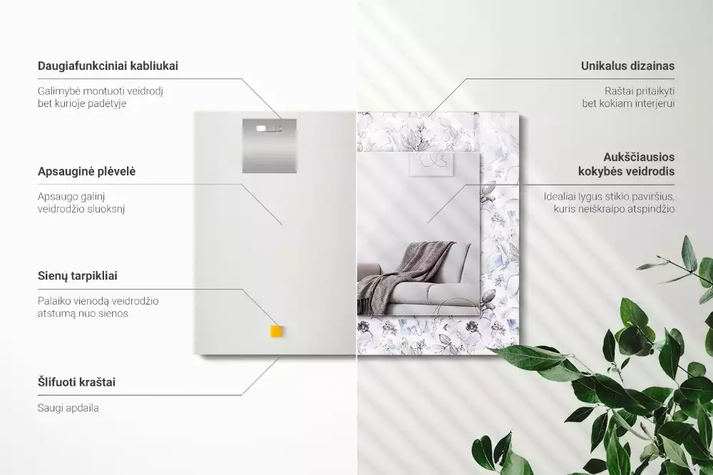 Lustro dekoracyjne prostokątne z motywem kwiatów i liści