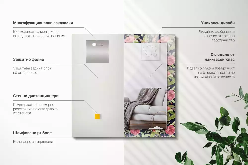 Lustro prostokątne z nadrukiem w motywy kwiatów i ptaków