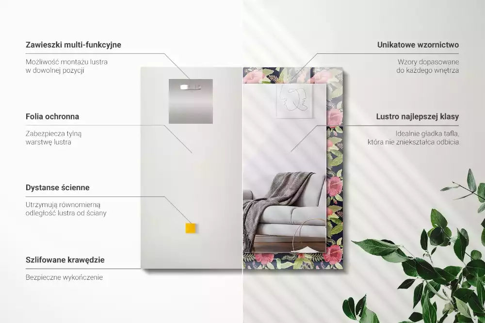 Lustro prostokątne z nadrukiem w motywy kwiatów i ptaków