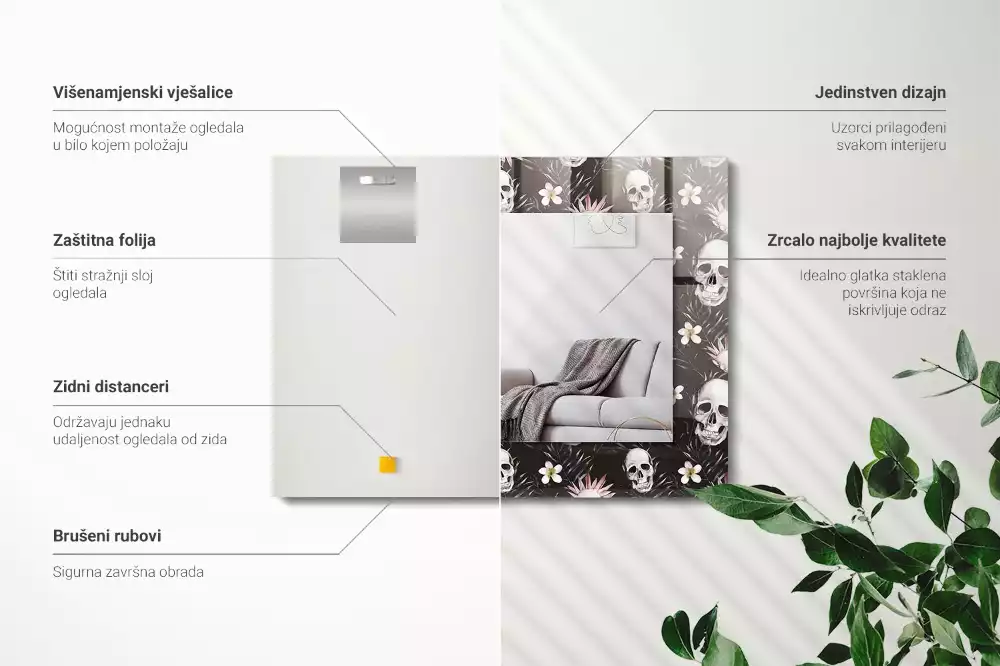 Lustro dekoracyjne z nadrukiem w motyw czaszek i kwiatów