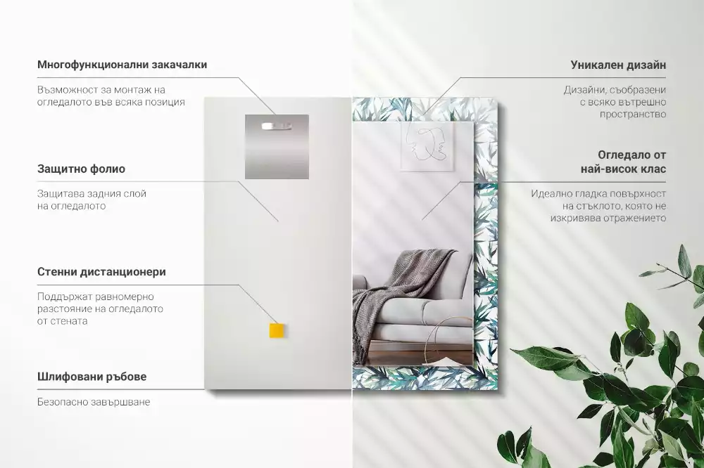 Lustro dekoracyjne w kształcie prostokąta z motywem liści bambusa w akwarelowej stylistyce