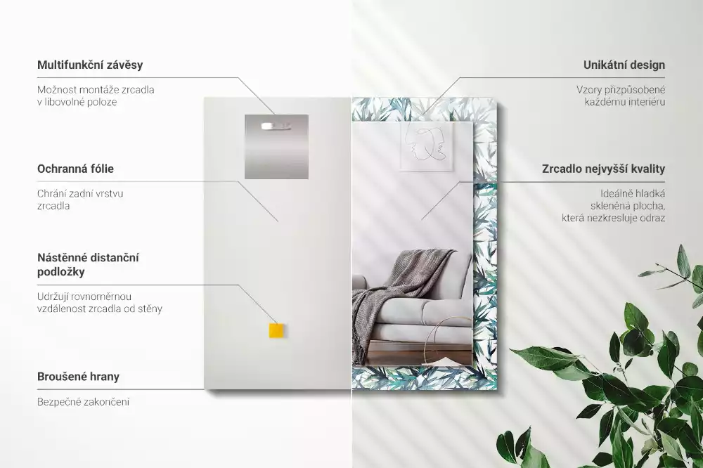 Lustro dekoracyjne w kształcie prostokąta z motywem liści bambusa w akwarelowej stylistyce