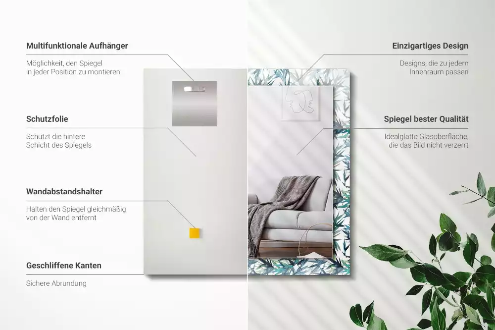 Lustro dekoracyjne w kształcie prostokąta z motywem liści bambusa w akwarelowej stylistyce