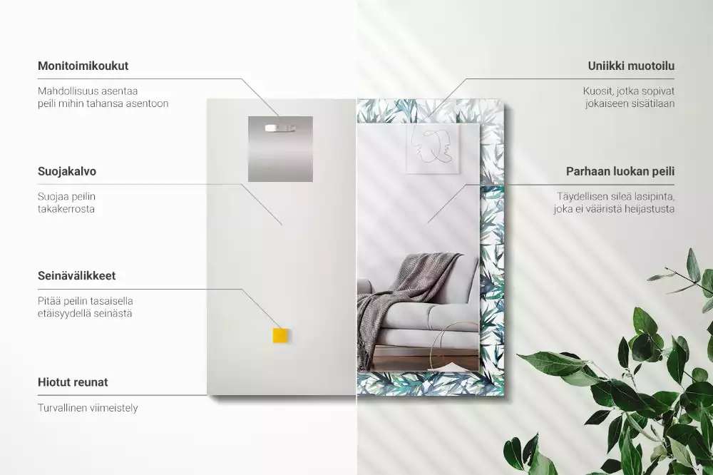 Lustro dekoracyjne w kształcie prostokąta z motywem liści bambusa w akwarelowej stylistyce