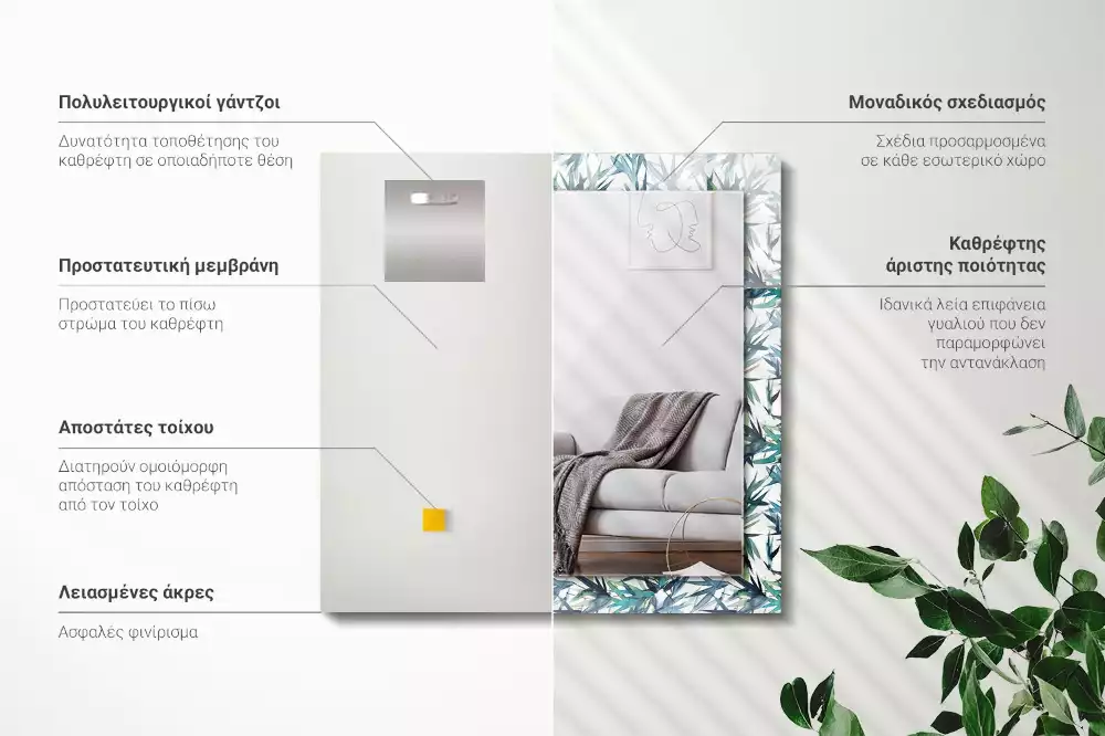 Lustro dekoracyjne w kształcie prostokąta z motywem liści bambusa w akwarelowej stylistyce