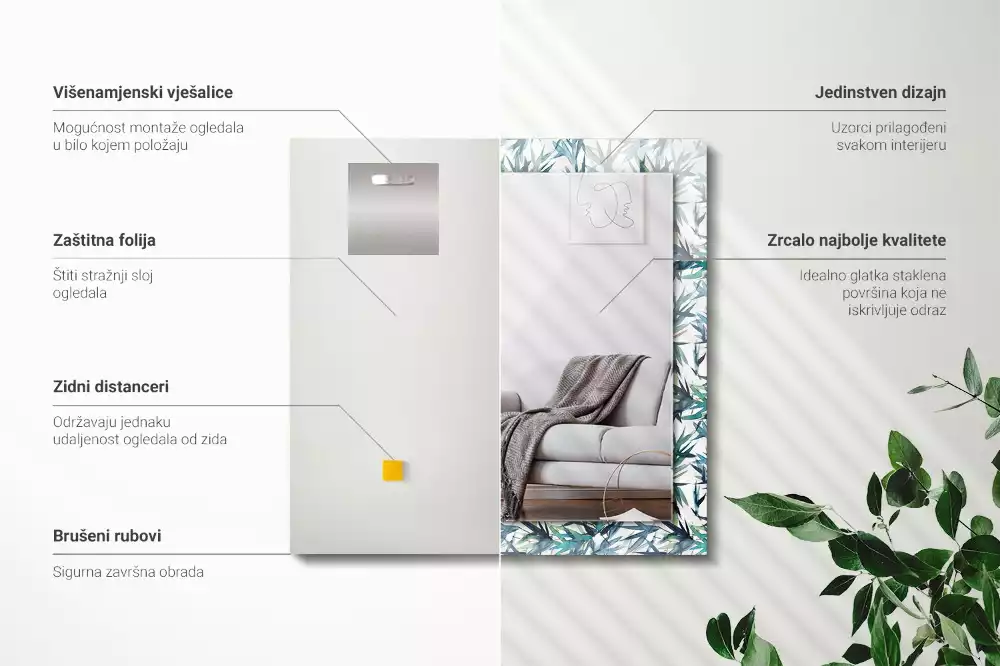 Lustro dekoracyjne w kształcie prostokąta z motywem liści bambusa w akwarelowej stylistyce