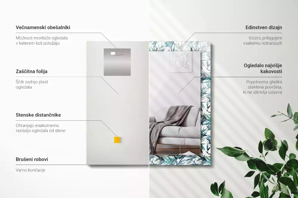 Lustro dekoracyjne w kształcie prostokąta z motywem liści bambusa w akwarelowej stylistyce
