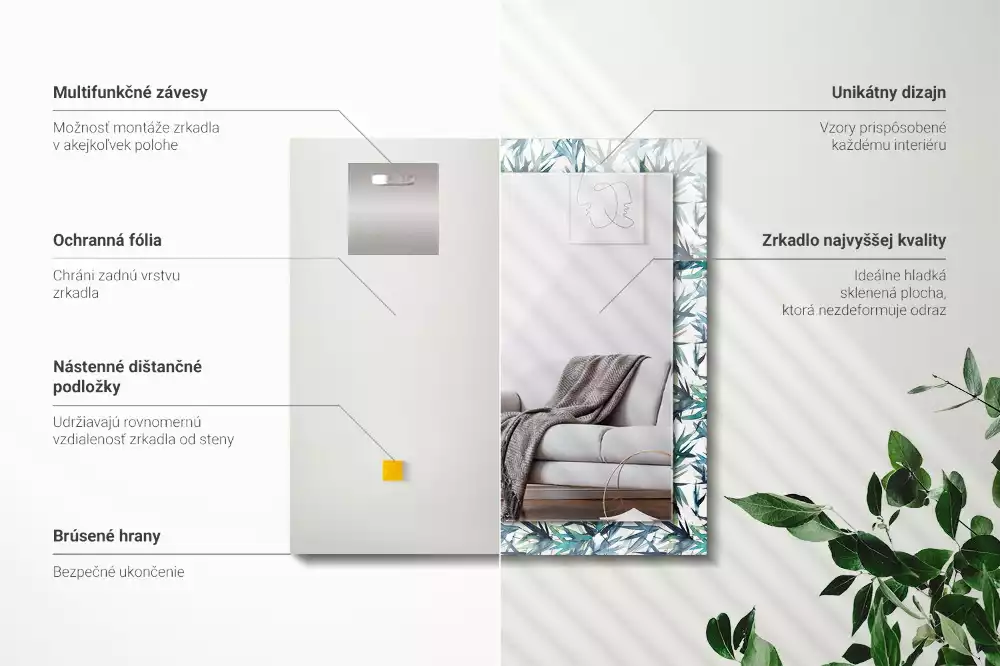 Lustro dekoracyjne w kształcie prostokąta z motywem liści bambusa w akwarelowej stylistyce