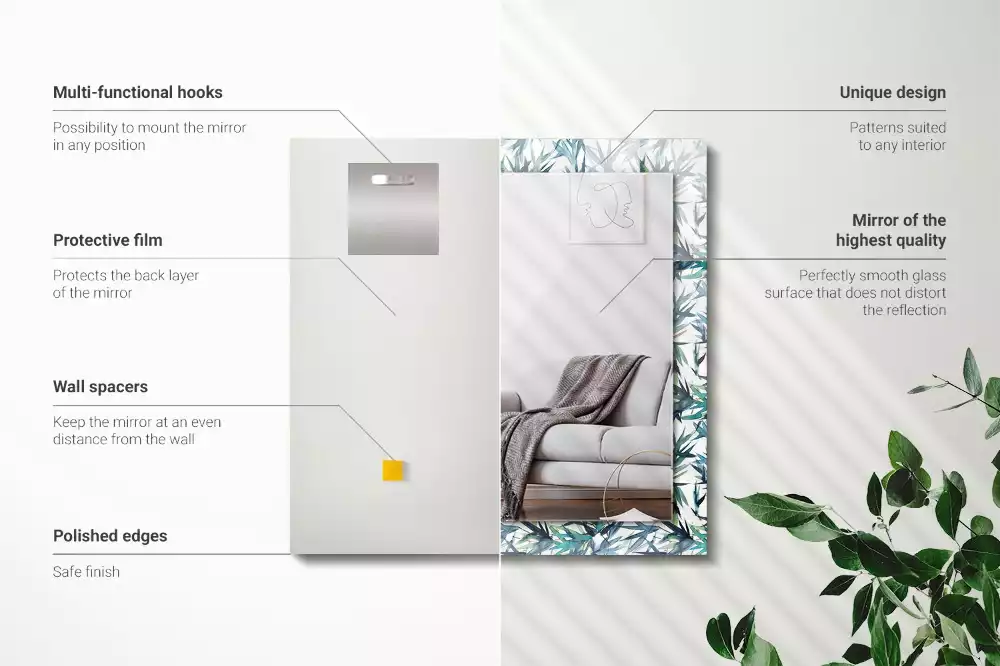 Lustro dekoracyjne w kształcie prostokąta z motywem liści bambusa w akwarelowej stylistyce