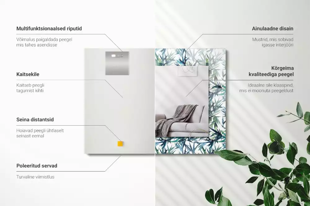 Lustro dekoracyjne w kształcie prostokąta z motywem liści bambusa w akwarelowej stylistyce