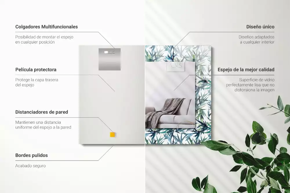 Lustro dekoracyjne w kształcie prostokąta z motywem liści bambusa w akwarelowej stylistyce