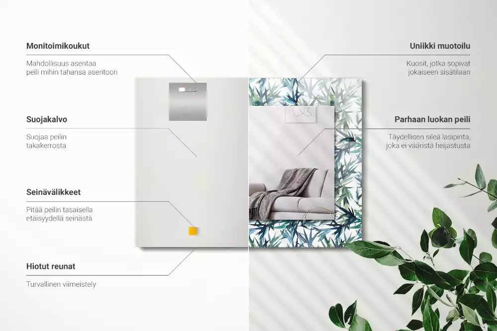 Lustro dekoracyjne w kształcie prostokąta z motywem liści bambusa w akwarelowej stylistyce