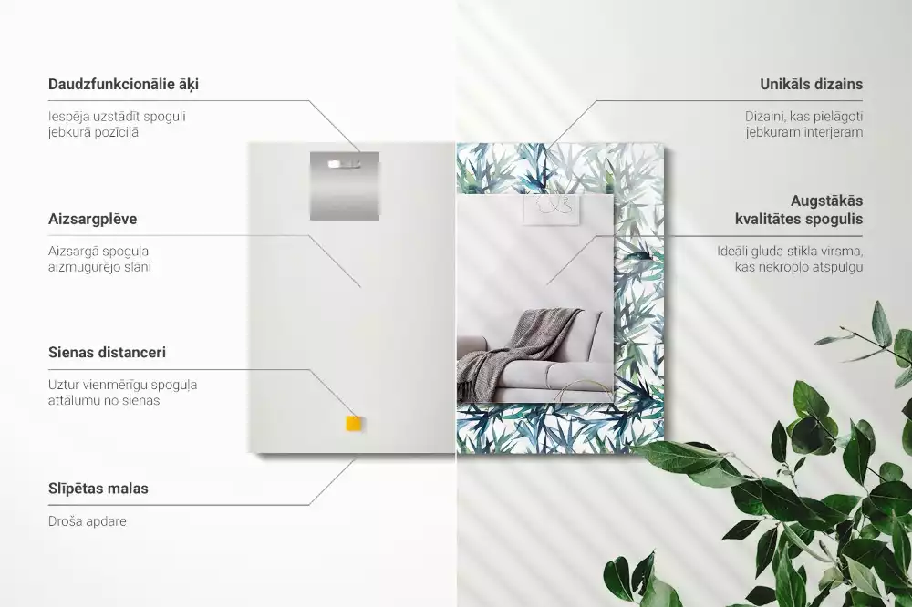 Lustro dekoracyjne w kształcie prostokąta z motywem liści bambusa w akwarelowej stylistyce