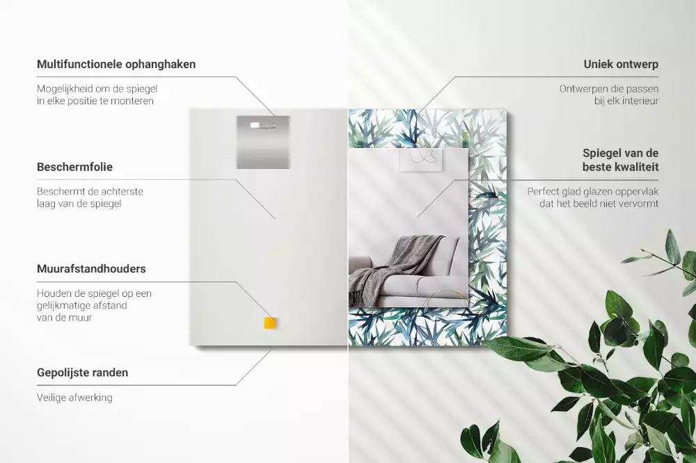 Lustro dekoracyjne w kształcie prostokąta z motywem liści bambusa w akwarelowej stylistyce