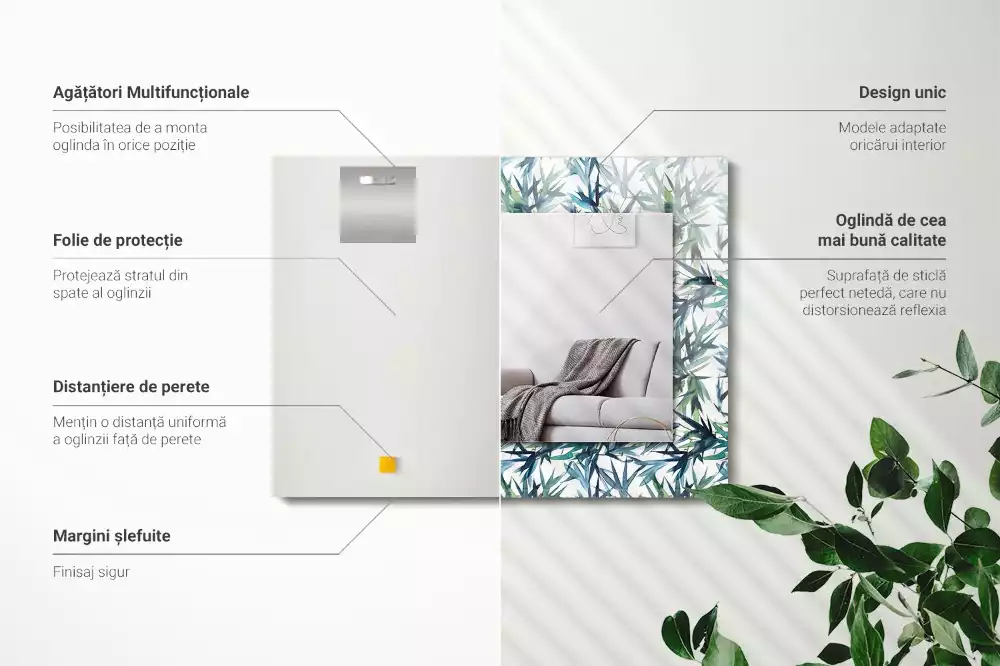 Lustro dekoracyjne w kształcie prostokąta z motywem liści bambusa w akwarelowej stylistyce