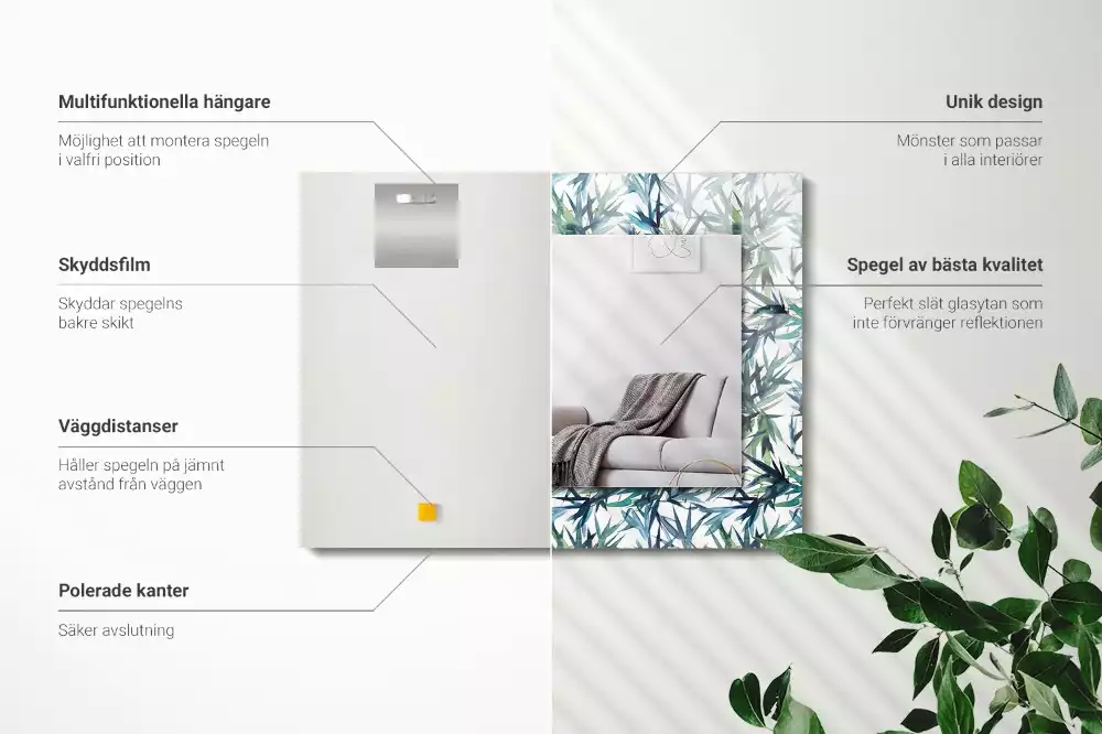 Lustro dekoracyjne w kształcie prostokąta z motywem liści bambusa w akwarelowej stylistyce