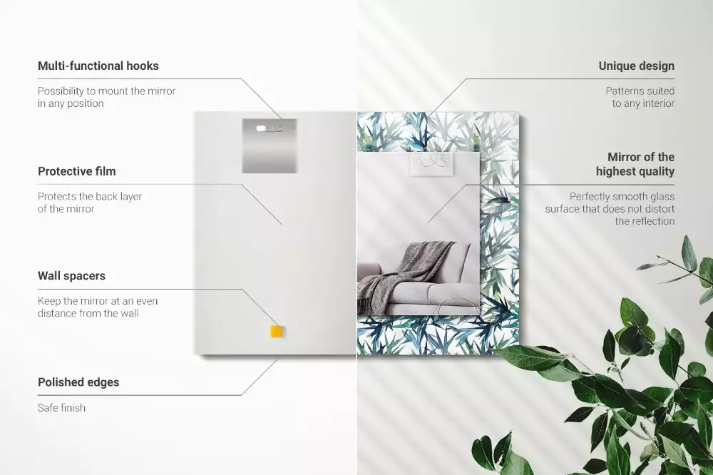 Lustro dekoracyjne w kształcie prostokąta z motywem liści bambusa w akwarelowej stylistyce