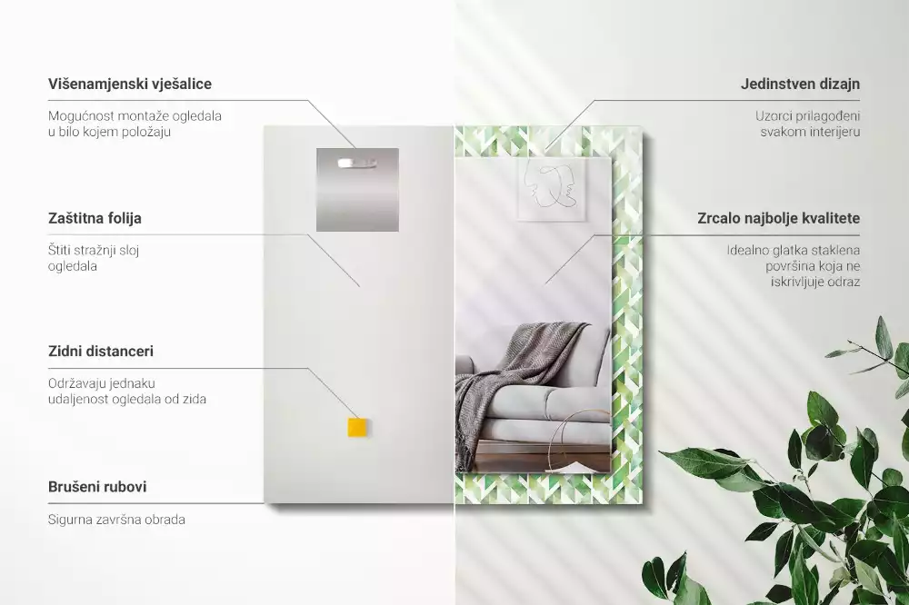 Lustro dekoracyjne z nadrukiem w zielony geometryczny wzór