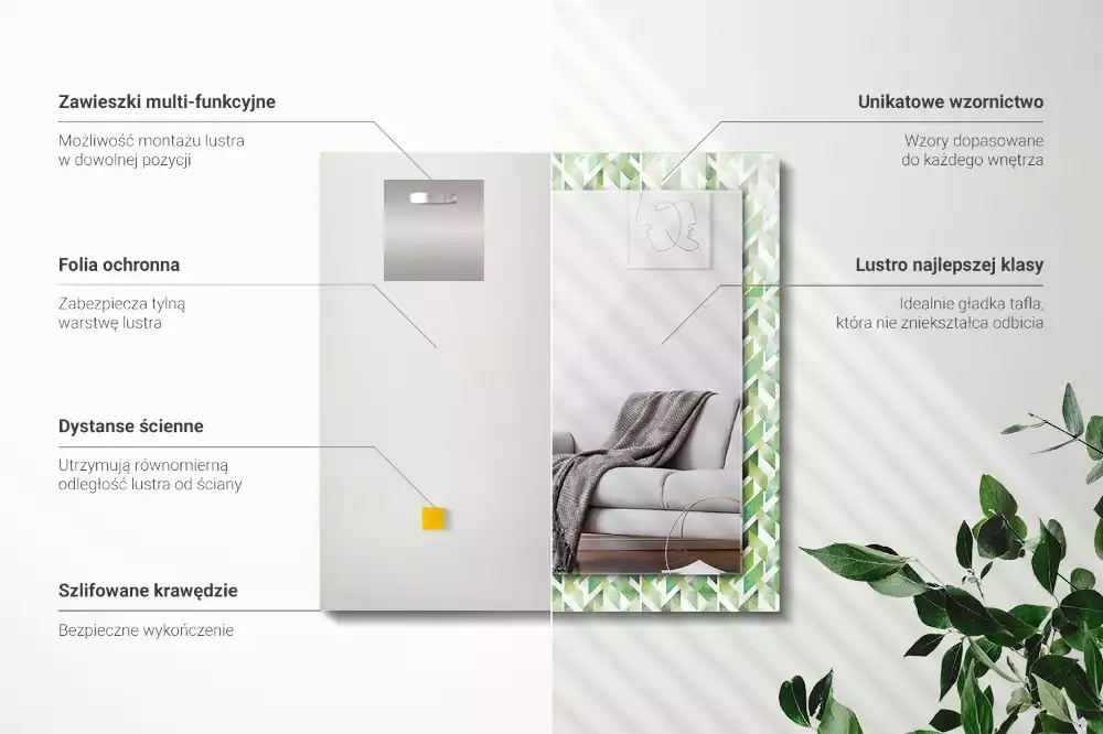 Lustro dekoracyjne z nadrukiem w zielony geometryczny wzór