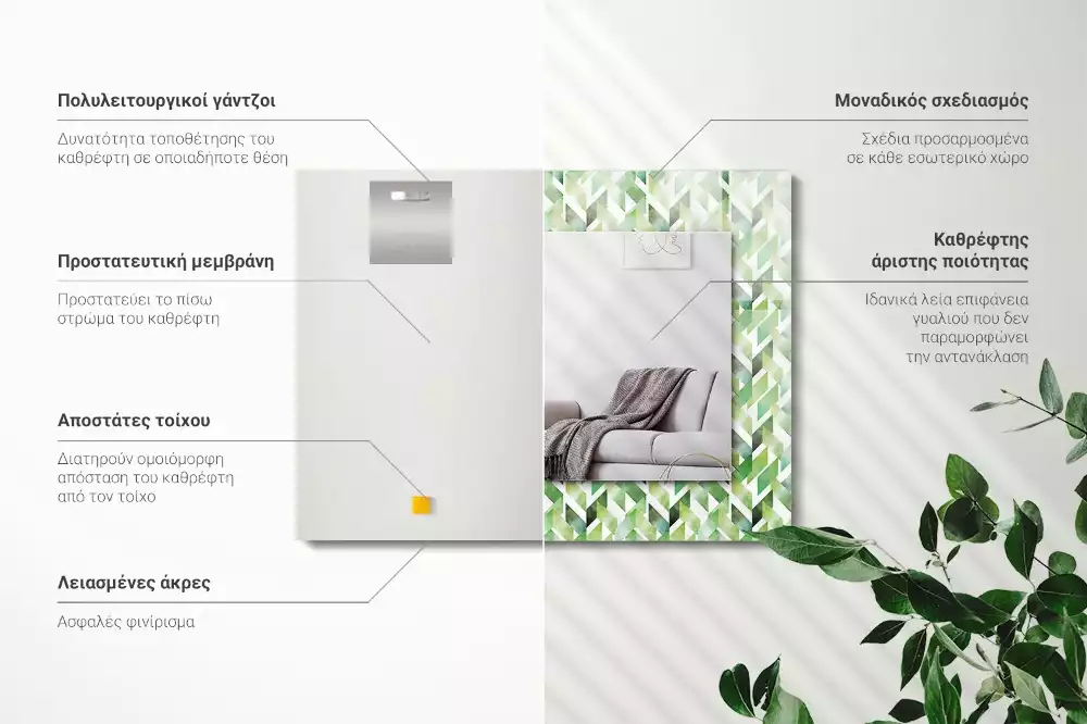 Lustro dekoracyjne z nadrukiem w zielony geometryczny wzór