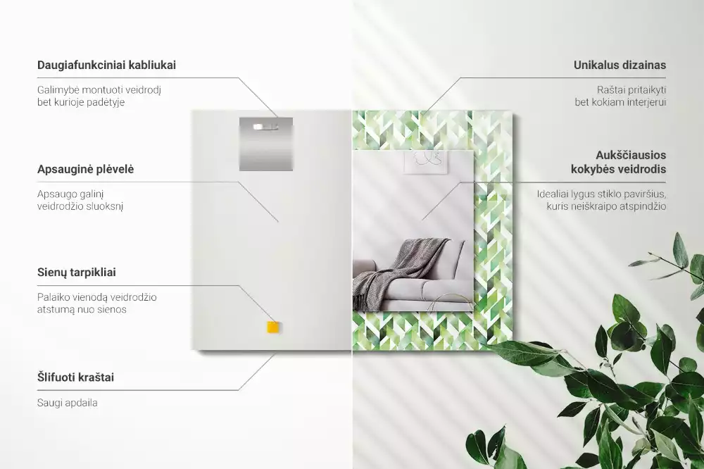 Lustro dekoracyjne z nadrukiem w zielony geometryczny wzór