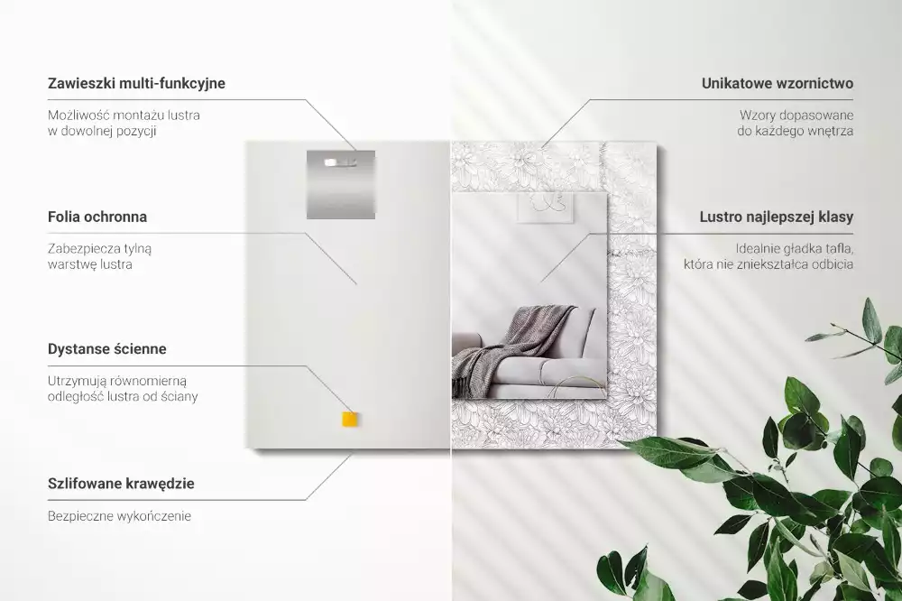 Lustro dekoracyjne prostokątne z nadrukiem w monochromatyczny wzór kwiatowy