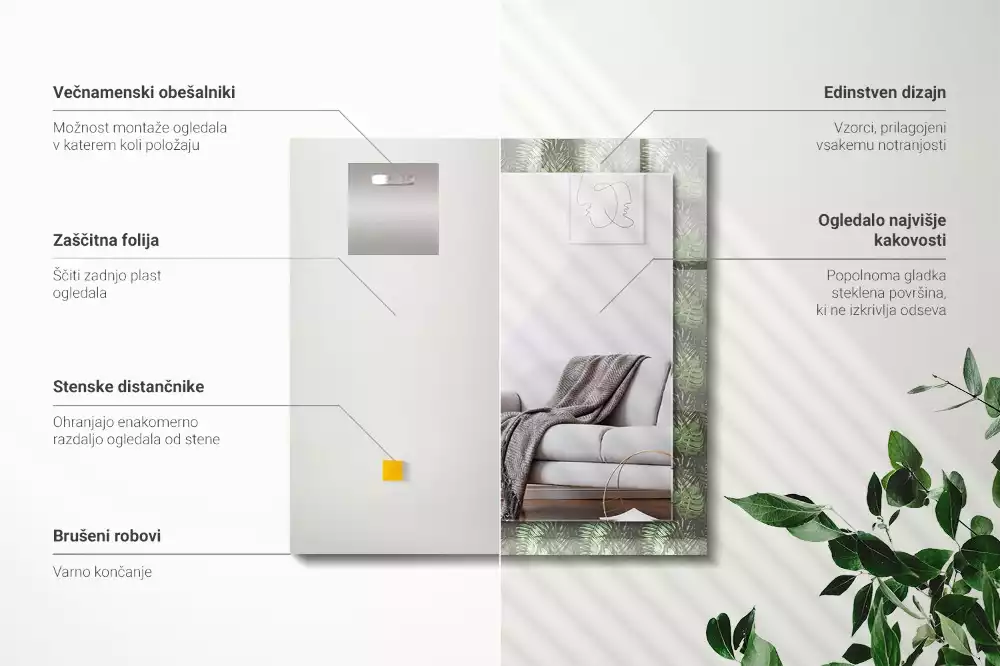 Lustro prostokątne z nadrukiem liści tropikalnych roślin