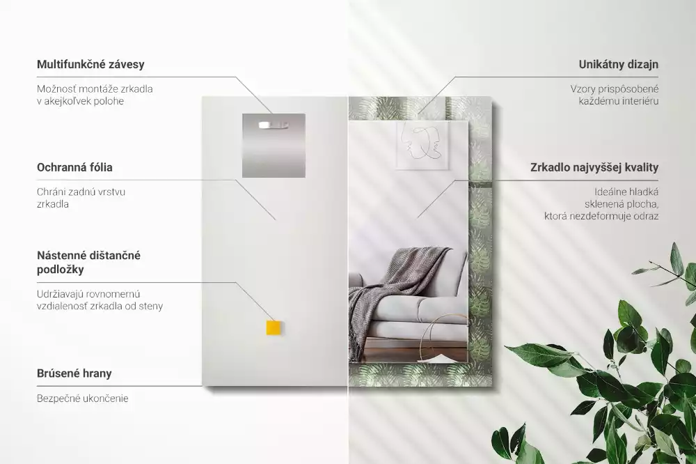 Lustro prostokątne z nadrukiem liści tropikalnych roślin