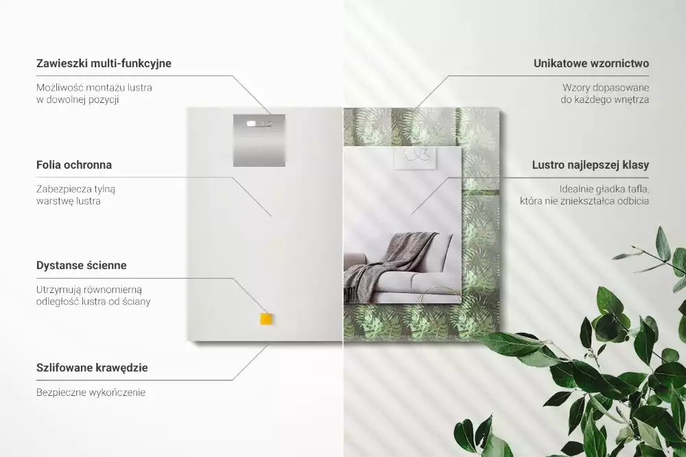 Lustro prostokątne z nadrukiem liści tropikalnych roślin