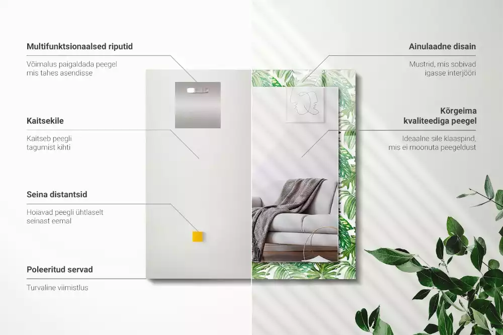 Lustro dekoracyjne z nadrukiem zielonych liści tropikalnych, prostokątne