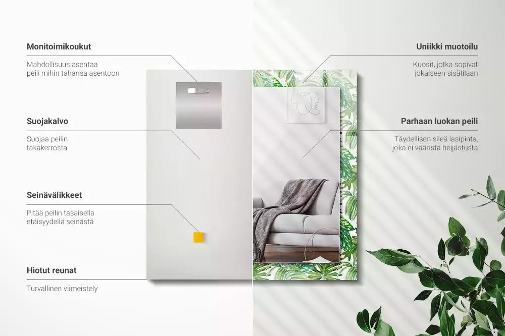 Lustro dekoracyjne z nadrukiem zielonych liści tropikalnych, prostokątne