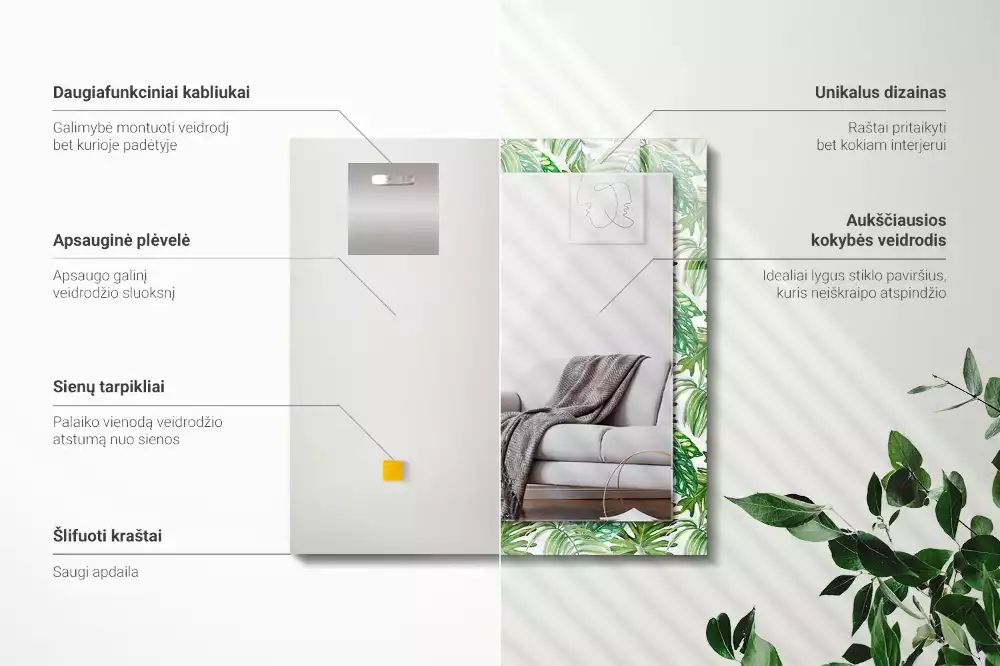 Lustro dekoracyjne z nadrukiem zielonych liści tropikalnych, prostokątne