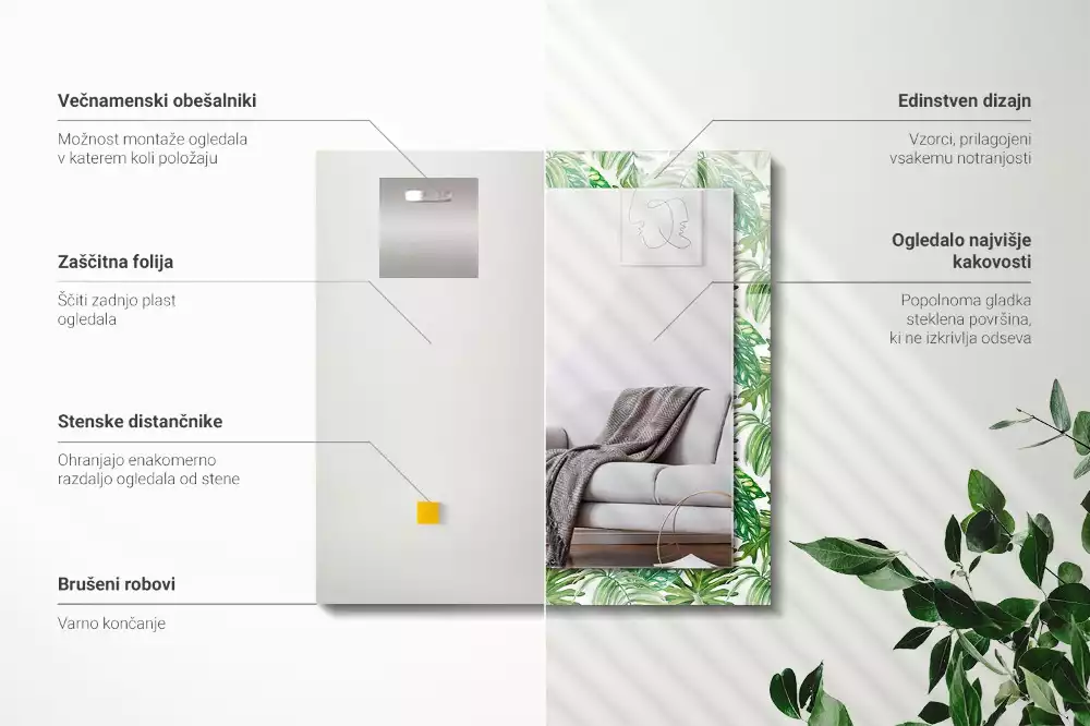 Lustro dekoracyjne z nadrukiem zielonych liści tropikalnych, prostokątne