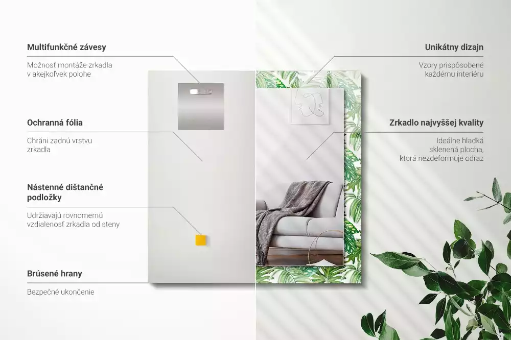 Lustro dekoracyjne z nadrukiem zielonych liści tropikalnych, prostokątne