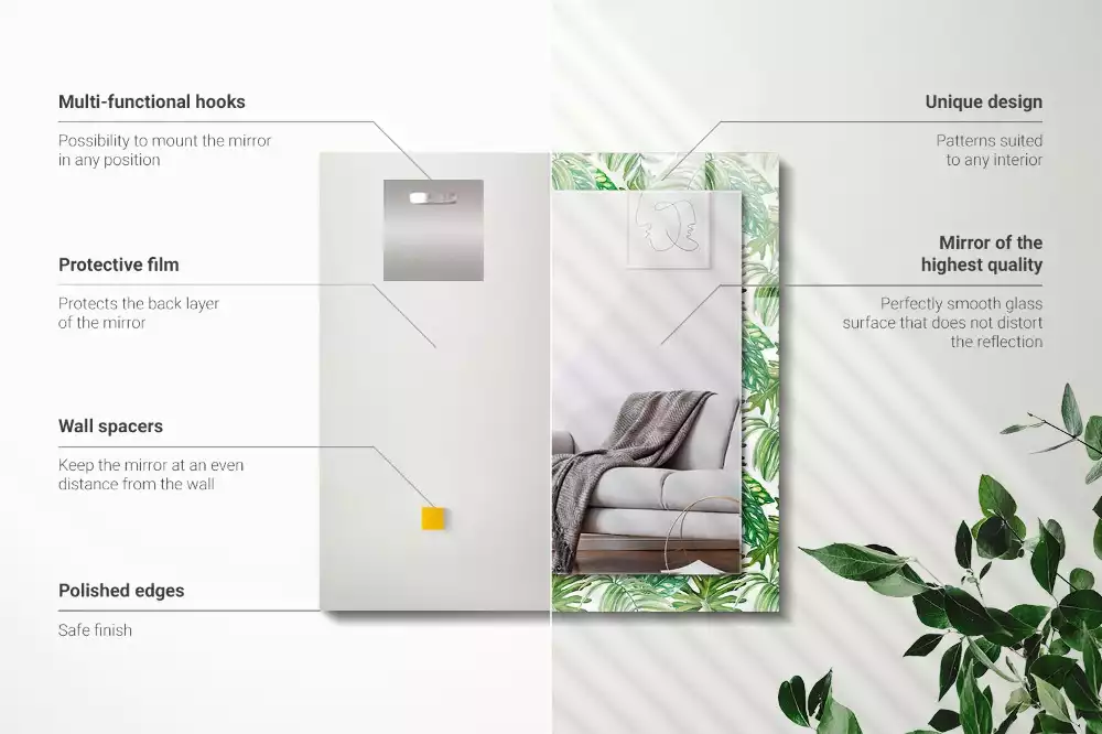 Lustro dekoracyjne z nadrukiem zielonych liści tropikalnych, prostokątne