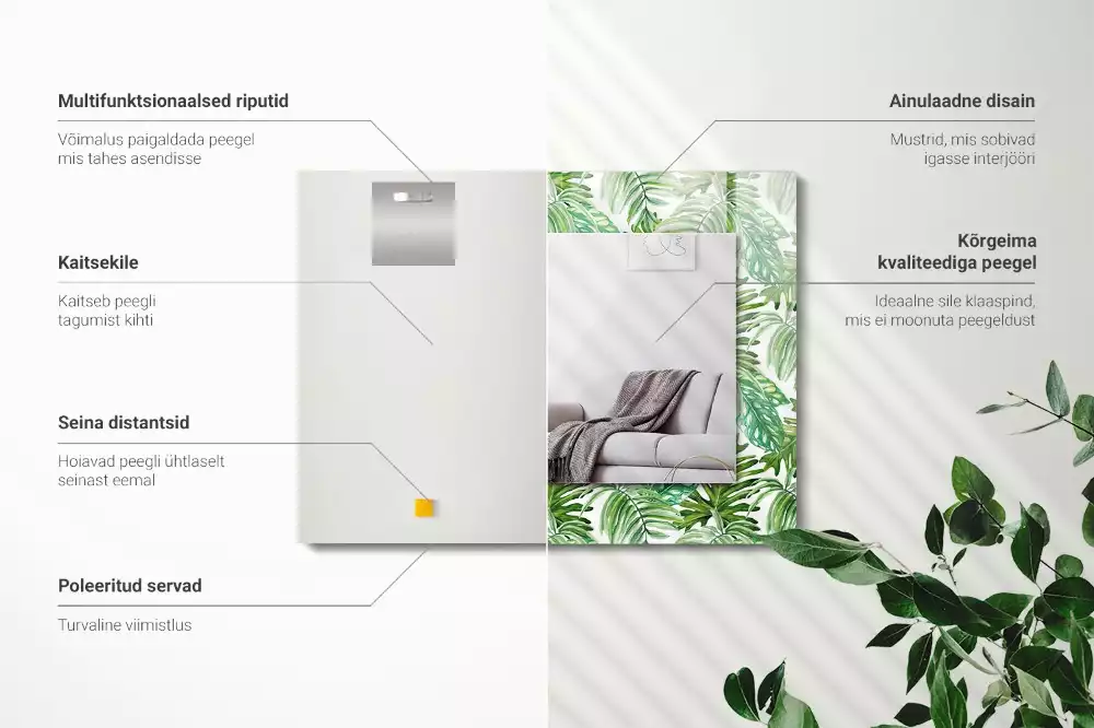 Lustro dekoracyjne z nadrukiem zielonych liści tropikalnych, prostokątne