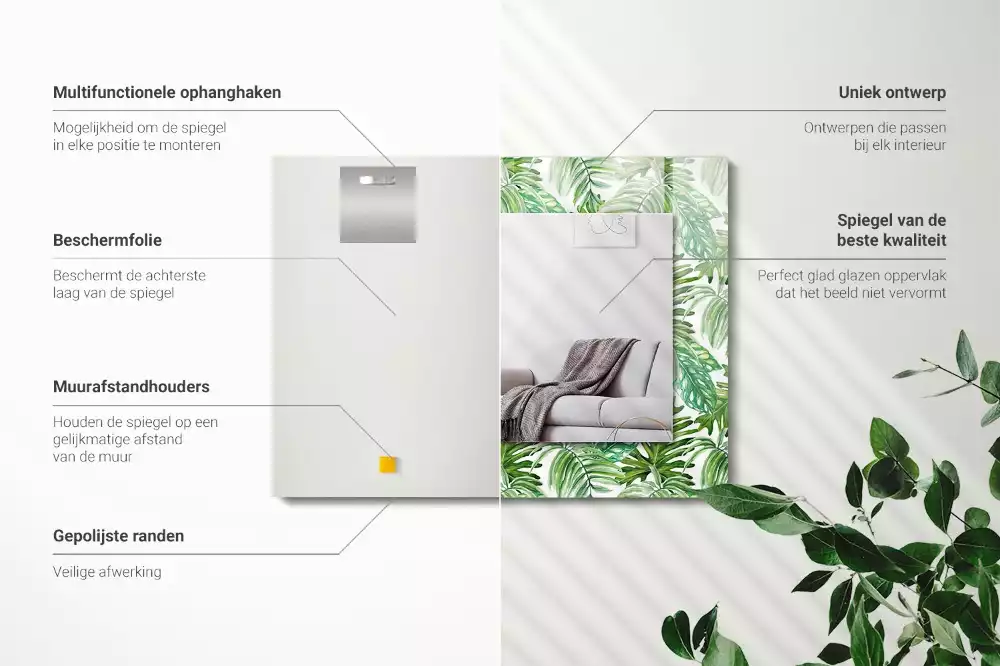 Lustro dekoracyjne z nadrukiem zielonych liści tropikalnych, prostokątne