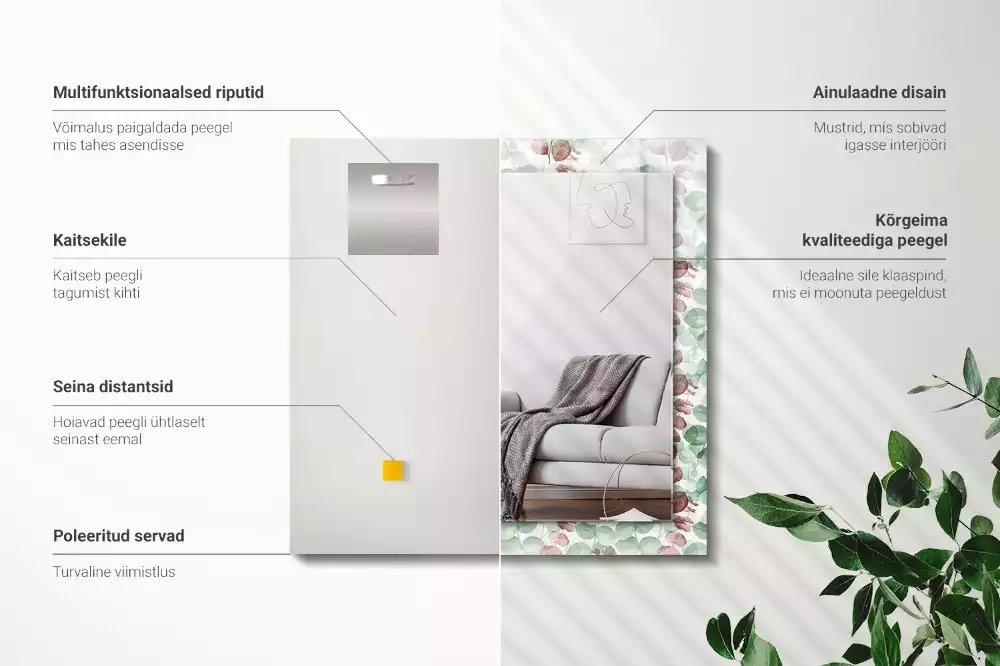 Lustro dekoracyjne prostokątne z motywem liści w akwarelowym stylu